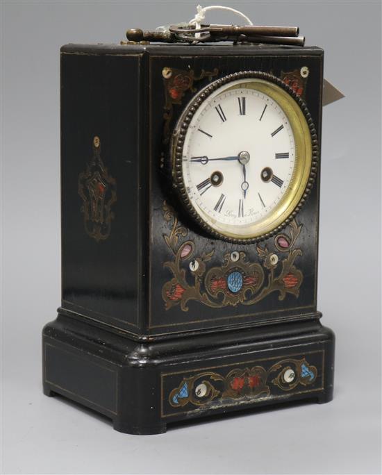 A late 19th century French ebonised marquetry mantel clock height 22cm